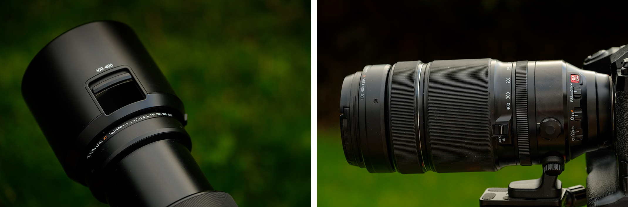 Fujifilm 100-400 f/4.5-5.6 (Left) Lens hood with filter access portal open, (Right) At 100mm without lens hood attached.